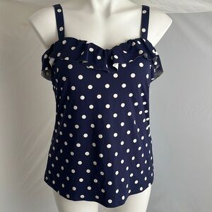 Lands End navy blue and white polka dot ruffle neckline underwire tankini top